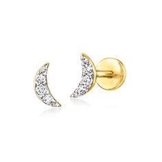 Ross-Simons - Diamond-Accented Moon Flat-Back Stud Earrings in 14kt Yellow Gold. RS Pure. Modern designs that complete your outfit and complement your personality. Bright with diamond accents, our dainty moon stud earrings embody comfort-first fashion. Crafted in 14kt yellow gold, this simple pushpin style features a flat back that won't poke or jab while you're taking a quick nap or getting a full night of beauty sleep. Insert the backing first into a pierced ear, then slide the front post insi Elegant Yellow Gold Moon Earrings, Easy Earrings, Moon Stud Earrings, Pierced Ear, Fine Jewelery, Diamond Birthstone, Gold Sign, Moon Studs, Beauty Sleep