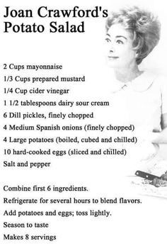 an advertisement for joan crawford's potato salad with instructions on how to make it