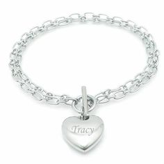 High Quality Custom Stainless Steel Double Chain Heart Charm BraceletFREE ENGRAVING 3 Lines up to 10 characters per line Additional $4.00 for both sides engravingProduct Info:Size Length: 7" Heart Charm Size: 16mmMaterial: stainless steel Finish: Shiny ChromeComes with gift box Metal Heart Bracelet For Mother's Day, Mother's Day Heart Bracelet In Metal, Mother's Day Heart-shaped Metal Charm Bracelet, Personalized Heart-shaped Metal Chain Bracelet, Heart-shaped Stainless Steel Charm Bracelet For Mother's Day, Metal Charm Bracelet With Heart Charm For Mother's Day, Personalized Heart Bracelet For Best Friend Gift, Personalized Metal Heart Bracelet For Valentine's Day, Mother's Day Metal Charm Bracelet With Heart Charm