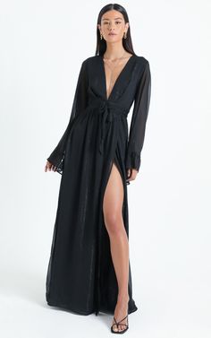 Dangerous Woman Maxi Dress in Black | Showpo Chic Maxi Dress With Sheer Sleeves For Date Night, Chic Sheer Sleeves Maxi Dress For Date Night, Chic Split Maxi Dress For Night Out, Sheer Sleeves Maxi Dress For Night Out, Long Maxi Dress With Sheer Sleeves For Evening, Cocktail Maxi Dress With Side Slits And V-neck, V-neck Maxi Dress With Side Slits For Cocktail, Glamorous Flowy Maxi Dress, Sheer V-neck Maxi Dress For Formal Occasions