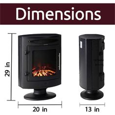 three different types of fireplaces with measurements