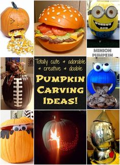 pumpkin carving ideas for kids and adults to make with their favorite characters, including an egg