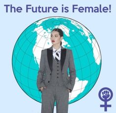 a woman standing in front of a blue background with the words, the future is female