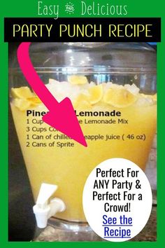 a blender with pineapple and lemonade in it, labeled party punch recipe