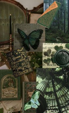 a collage of green and gold items