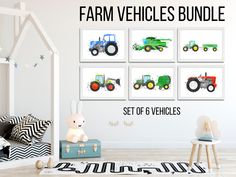 a set of 6 farm vehicles wall art prints