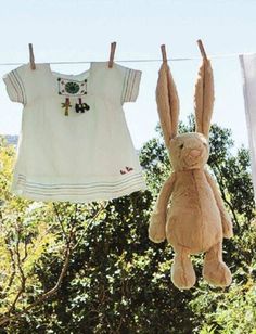 two stuffed animals hanging from clothesline with trees in the background