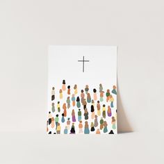 a card with a cross on it and people all over the place in different colors