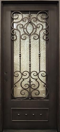 an ornate iron door with glass inserts on the front and side panels, in dark brown