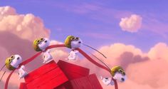 the animated characters are playing on their own house in the sky with clouds behind them