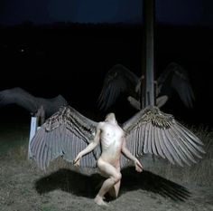 a naked man with large wings standing in the grass at night next to a pole