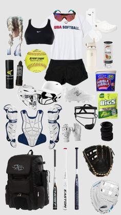 an assortment of sports equipment including baseball gloves, helmet and backpack are arranged on a white background