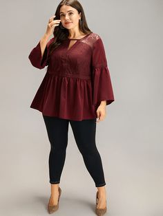 Shop Anti-Wrinkle Keyhole Crochet Lace Mesh Ruffles Blouse now and redefine your style with confidence at BloomChic. Tailored for mid and plus-size women. This trendy Tops Women, sizes 10-30. Season:Winter;Color:Burgundy;Style:Elegant;Pattern Type:Plain;Neckline:Keyhole Cut-Out;Sleeve Type:Bell Sleeve;Details:Lace, Patchwork, See through, Gathered, Plain;Pocket:No-pocket Ruffles Blouse, Burgundy Style, Trendy Plus Size Fashion, Womens Trendy Tops, Elegant Pattern, Winter Color, Lace Patchwork, Plus Size Blouses, Season Winter