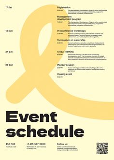 an event schedule is shown with the words and numbers in black, yellow, and white