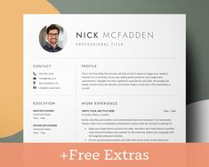 a professional resume template with an orange and yellow border on the bottom right corner, in front of a pastel colored background