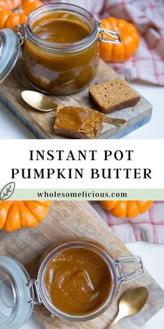 an image of instant pot pumpkin butter on a cutting board with spoons and crackers