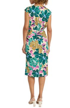 Showy blooms animate a colorful midi dress that works whether you plan to be in or out of office. 46" length (size 8) Hidden back-zip closure V-neck Cap sleeves Lined 97% polyester, 3% spandex Dry clean Imported Sleeveless Midi Dress With Floral Print For Work, Sleeveless Floral Print Midi Dress For Work, Floral Print Sheath Midi Dress For Work, Multicolor Floral Print Knee-length Midi Dress, Multicolor Knee-length Midi Dress With Floral Print, Vibrant Print Knee-length Midi Dress, Multicolor Printed Dress For Work, Multicolor Printed Dresses For Work, Multicolor Printed Dress For Workwear