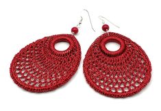 Vibrant and chic, these red crochet earrings are crafted with 925 sterling silver and feature a small red coral bead on top.  They are light enough for everyday wear and have a metallic finish to reflect the light. LENGTH:  3.5 inches - 9 cm WEIGTH: 5,5 gr Drop : 65 x 55 mm MATERIALS:  925 sterling silver Cotton Coral DELIVERY: All jewellery is shipped in a working day with registered mail. If you require quick delivery, please consider our Express Shipping option. Free pouch drawstring bag with Handmade Red Drop Earrings, Handmade Red Hoop Earrings For Festive Occasions, Red Crochet Jewelry As A Gift, Red Crochet Jewelry Gift, Gift Red Crochet Jewelry, Handmade Red Hoop Earrings As Gift, Red Crochet Jewelry For Gift, Uk Christmas, Red Crochet