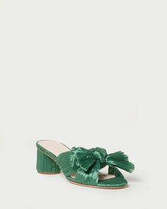 Emilia Sage Pleated Bow Heel I Heeled Sandals I Footwear Unique High Heels, Loeffler Randall Shoes, Crystal Heels, Shoes Green, Bow Heels, Emerald Color, Loeffler Randall, Slingback Heel, French Linen