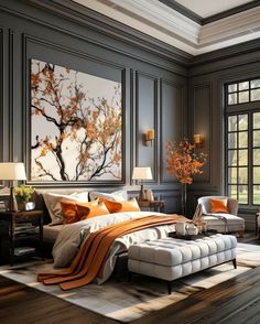 an elegant bedroom with gray walls and orange accents