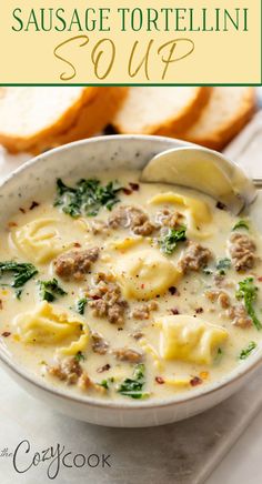 bowl of sausage tortellini soup with silver spoon Winter Sausage Soup, Creamy Sausage Tortellini Soup, Creamy Sausage Tortellini, Sausage And Tortellini, Sausage Tortellini Soup, Comforting Dinner, Sausage Tortellini, Winter Soup, Mild Italian Sausage