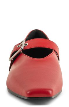 A blunted, elongated toe adds to the edgy style of this leather flat that's extremely of the moment with a mary jane strap. Trendy Leather Flats With Square Toe, Red Leather Flats With Low Heel, Red Leather Flats With Pointed Toe, Modern Mary Janes With Buckle Closure, Red Leather Casual Mary Janes, Leather Mary Jane Slip-on Flats, Red Mary Janes With Buckle Closure, Elegant T-strap Mary Janes With Buckle Closure, Mary Jane Flats