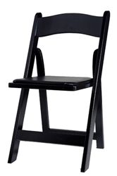 a black plastic folding chair on a white background