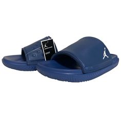 Elevate Your Casual Style With These Nike Air Jordan Play Slide True Blue White Sandals. These Slip-On Sandals Feature A Solid Pattern With The Iconic Nike Logo As An Accent. The Royal Blue Color And Retro Design Give A Nod To The Jordan Brand, Making Them Perfect For Sports Enthusiasts And Sneakerheads Alike. Comfort Is Key With Cushioned And Breathable Features, While The Rubber Outsole Provides Durability And Traction. These Men's Sandals Are Brand New Without A Box And Come In A Size 10, Wit Nike Summer Slides With Round Toe, Fade-resistant Round Toe Sandals For Summer, Casual Slip-resistant Closed Toe Sport Sandals, Comfortable Blue Sandals For Outdoor, Nike Synthetic Sandals With Rubber Sole, Nike Sports Slides With Rubber Sole, Nike Sandals With Rubber Sole And Round Toe, Nike Slides With Round Toe And Rubber Sole, Nike Casual Slip-on Sandals