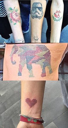 three people with matching tattoos on their arms and legs, one has an elephant tattoo