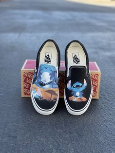 Lilo And Stitch Painted Shoes, Custom Vans Slip On, Crocs Shoes For Men, Custom Harry Potter Vans Slip On, Casual Hand Painted Slip-on Custom Sneakers, Black Slip On Vans, Customized Sneakers, Artistic Hand Painted Slip-on Custom Sneakers, Handpainted Shoes