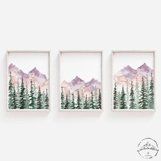 three watercolor paintings with mountains and trees on them, one is saying let the sleep be