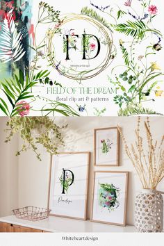 three framed pictures with flowers and plants in them, one is for the letter fd