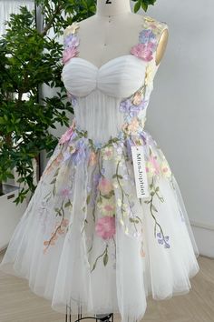 MissJophiel Embroidery Floral Corset Ivory Mini Dress with Removable Straps Ivory Mini Dress, Lavender Embroidery, Floral Floor, White Spaghetti Strap, Floral Pattern Dress, Spaghetti Strap Prom Dress, Floral Corset, Prom Dresses Sleeveless, Lavender Floral