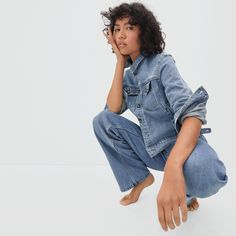 Women’s Modern Jean Jacket | Everlane Denim Blue Jeans With Flap Pockets For Work, Fitted Denim Outerwear With Contrast Stitching, Classic Denim Jacket With Contrast Stitching, Spring Denim Button-up Jacket With Welt Pockets, Fitted Denim Jacket With Pockets In Rigid Denim, Denim Jacket With Patch Pockets, Rigid Denim Workwear Outerwear With Pockets, Rigid Denim Outerwear With Pockets For Work, Button-up Denim Jacket With Flap Pockets For Work