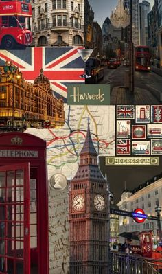 a collage of london with the big ben clock tower and red telephone booth in the foreground