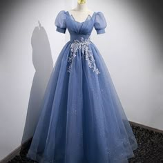 Puff sleeves and prom dress 👗 Mushroom Town, Blue Tulle Prom Dress, Long Formal Dress, Marine Uniform, Floor Length Prom Dresses, Evening Dresses With Sleeves, Blue Tulle, Color Number