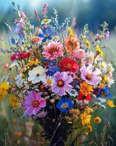 a vase filled with lots of colorful flowers on top of a lush green field next to tall grass