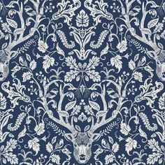 a blue and white wallpaper with deer heads