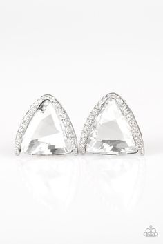 Featuring a regal triangular cut, an oversized white gem is nestled in an angled silver frame radiating with dainty white rhinestones for a glamorous look. Earring attaches to a standard post fitting. Sold as one pair of earrings. Glamorous Look, Cats Eye Stone, Paparazzi Accessories, White Rhinestone, Paparazzi Jewelry, White Earrings, Boutique Jewelry, Silver Frame, Jewelry Party