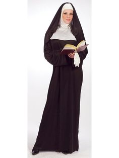 a woman in a nun costume holding a book