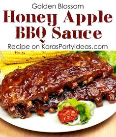 an advertisement for the golden blossom honey apple bbq sauce on a plate with corn and lettuce