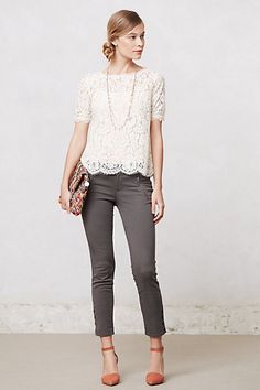 Elysian Lace Top on Anthropologie - I want the whole outfit, including the shoes, bag, necklace. NOW. Mode Tips, Summer Work Outfits, Outfit Trends, Looks Chic, Grey Pants, Work Wardrobe, Professional Outfits, Business Casual Outfits, Work Attire