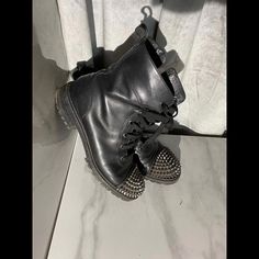 Christian Louboutin Ts Croc Flat Black Calf Leather Spike Combat Ankle. Front Cap Toe Worn As Seen In Photo. Mid Calf Boots, Louboutin Shoes, Black Flats, Christian Louboutin Shoes, Mid Calf, Calf Leather, Bootie Boots, Christian Louboutin, Ankle Boots