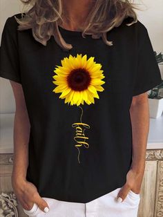 Letter Loosen Crew Neck T-Shirts is fashionable and cheap, come to Lilicloth to find out about the Clothing Black Cat Print, Sunflower Shirt, Holiday Gift Ideas, Womens Football, Short Sleeve Tops, Shirts For Women, Women's Shirts, Print Pullover, Girls Trip