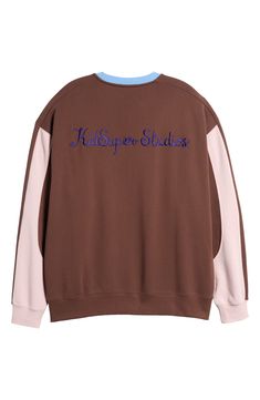 Rich branded embroidery with a lovely sheen scrawls along the back of this playful but modern colorblock sweatshirt designed in collaboration with KidSuper. Crewneck Ribbed cuffs and hem Cotton/elastane Machine wash, dry flat Imported Colorblock Sweatshirt, Color Block Sweatshirt, Espresso Brown, Puma X, Sweatshirt Designs, The Back, Crewneck Sweatshirt, Color Blocking, Espresso