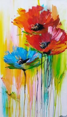 an abstract painting of three red and blue flowers on a white background with multicolored paint drips