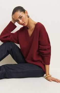 A blend of recycled cashmere and virgin cashmere adds a luxuriously soft feel to this oversized, layerable V-neck sweater trimmed with cozy ribbing. 24 1/2" length V-neck Long sleeves Ribbed cuffs and hem 95% recycled cashmere, 5% cashmere Dry clean Imported Copenhagen Street Style, Work Wear Outfits, Wardrobe Wishlist, Sweater Outfit, Copenhagen Fashion Week, Cashmere Blend Sweater, Street Style Trends, Vintage Inspired Dresses, Fashion Week Street Style