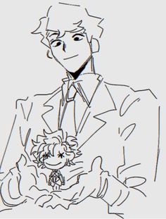 a black and white drawing of a man in a suit holding a small child with one hand