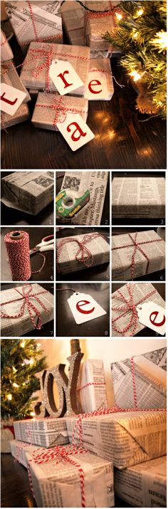 christmas presents wrapped in paper and tied with twine