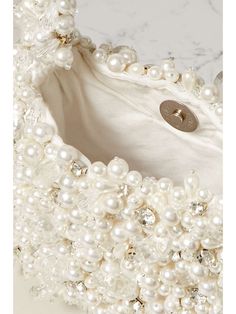 CLIO PEPPIATT Crystal Pearl embellished tulle shoulder bag | NET-A-PORTER White Embellished Clutch Bag, Embellished Cream Bags For Events, Glamorous Pearl Evening Bag For Wedding, Luxury Embellished Cream Bags, Cream Bags With Pearl Embroidery For Events, Luxury Pearl Evening Bag For Events, Embellished Cream Evening Bag, White Hand Embellished Clutch Bag, White Hand Embellished Clutch